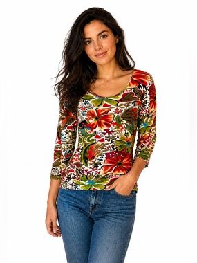 Vintage 90s Tantrums Floral Top Boho Hippie  Stretch Knit 3/4 Sleeve Shirt